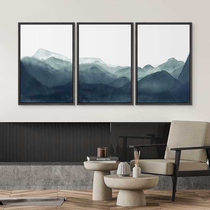 SIGNWIN Framed Canvas Print Wall Art Blue & Green Mountains in Fog Nature Wilderness Illustrations Modern Art Rustic Scenic Relax/Calm Cool for Living Room, Bedroom, Office - 16"x24"x3 Black