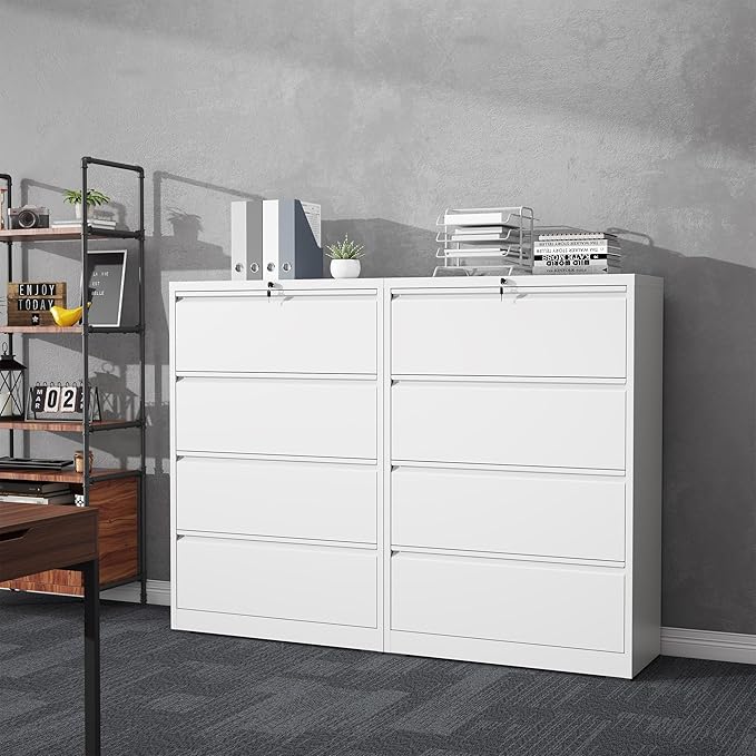 4 Drawer File Cabinet with Lock, Lateral Filing Cabinets,Metal Storage Filing Cabinets for Home Office, Heavy Duty File Cabinet for Letter/Legal/A4/F4 Size Amsseble Required, White