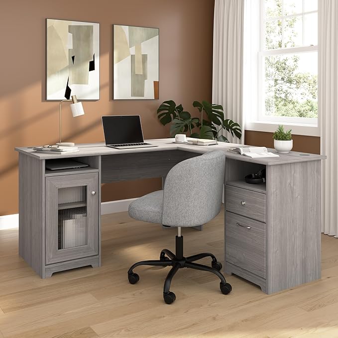 Bush Home Cabot 60W L Shaped Computer Desk with Storage in Modern Gray, 60-inch Corner Table with Drawers for Home Office Workspace