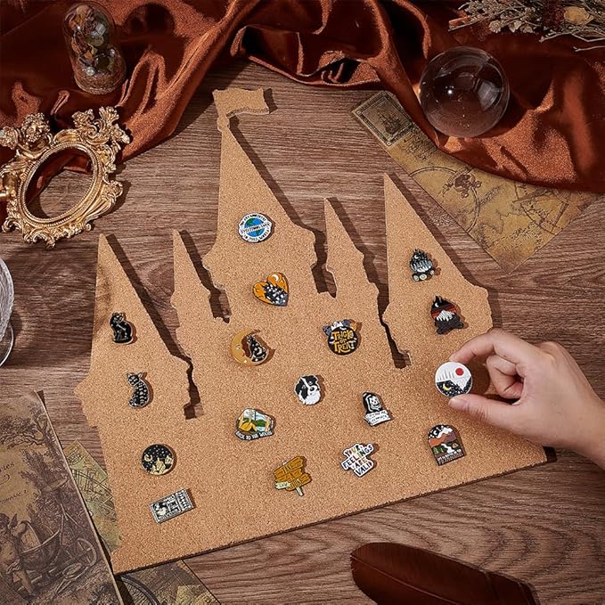 BENECREAT Castle Pin Board Cork Board, 14.2x11.8inch Bulletin Display Board Brooch Jewelry Display Cork Tray for Brooch Pin Collection Display, Office Home and School Decor