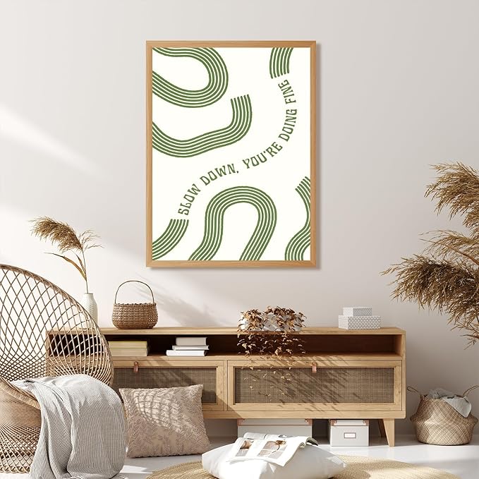 Slow Down You’re Doing Fine Wall Art Retro Minimalist Motivational Quote Music Poster Inspirational Midcentury Song Lyrics Sage Green Canvas Prints for Bedroom Home Decor 16x24inch Wood Color Framed