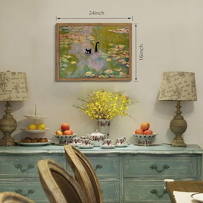Framed Cat Wall Art, Pink Whimsical Claude Monet Wall Decor, Funny Black Cat Bathroom Pictures Paintings, Vintage Cute Animal Water Lilies Aesthetic Posters Prints for Bathroom Bedroom 16x24 Inch