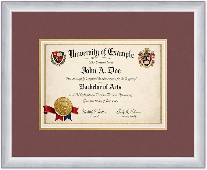 CountryArtHouse Diploma Frame Fits 11.69 x 8.27 A4 Certificate - Keepsake Graduation Display Stainless Silver Genuine Hardwood with Dark Red Over Metallic Gold Double mat