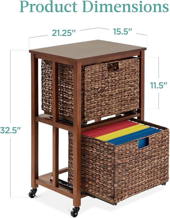 Best Choice Products Vertical Rolling File Cabinet, Multipurpose Portable Water Hyacinth Basket Organizer for Home Office, Workspace w/Rubberwood Frame, Metal Sliders, Locking Caster Wheels - Mocha