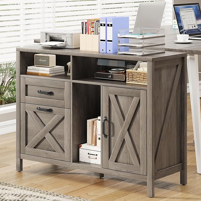Farmhouse File Cabinet with Doors, Lateral Filing Cabinet with 2 Drawers for Letter/A4 Size Hanging Files, Large Wooden Printer Stand with Open Shelf for Home Office, Rustic Grey