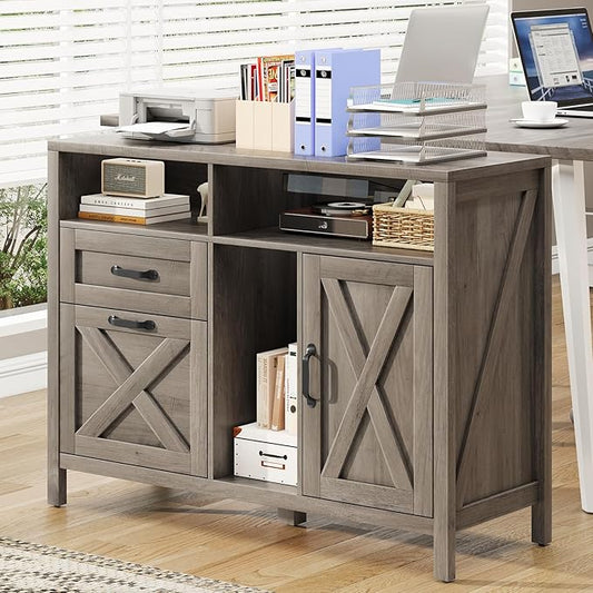 Farmhouse File Cabinet with Doors, Lateral Filing Cabinet with 2 Drawers for Letter/A4 Size Hanging Files, Large Wooden Printer Stand with Open Shelf for Home Office, Rustic Grey