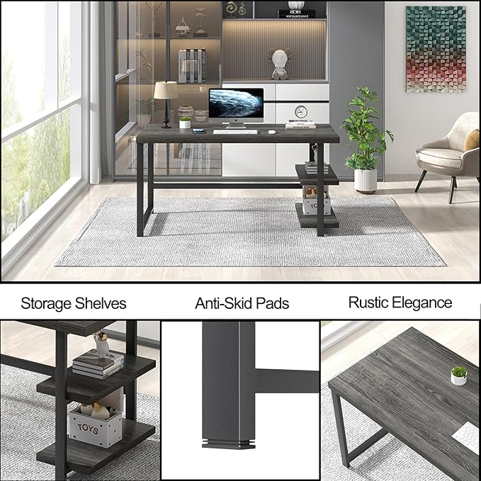 FOLUBAN Home Office Desk, Modern Computer Desk with Storage Shelf, Wood Study Writing Gaming Table for Bedroom Living Room, Industrial Dark Gray, 53 Inch