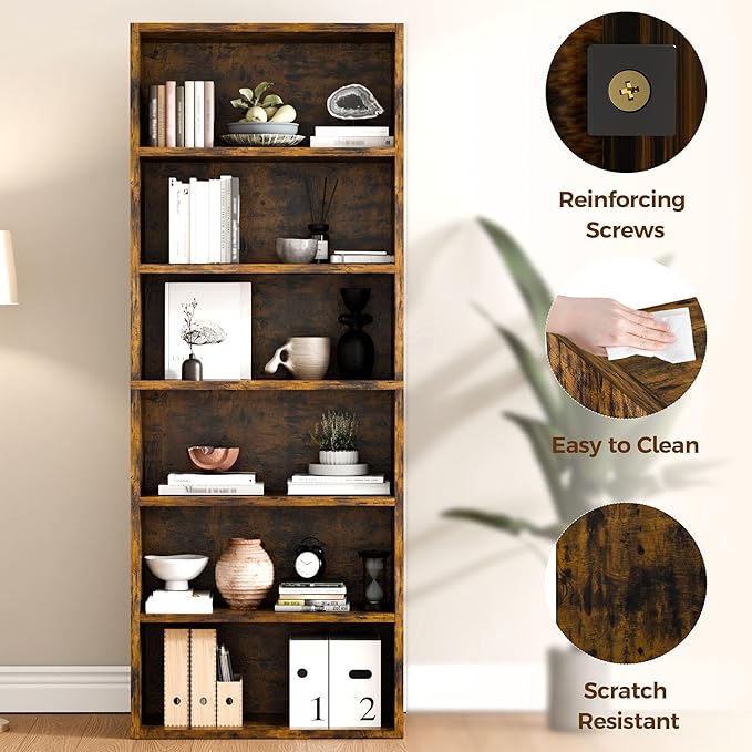 6-Tier Industrial Bookcase, 63" Tall Freestanding Wood Bookshelf with Open Display Storage Shelves for Living Room, Bedroom, Home Office, Rustic Brown