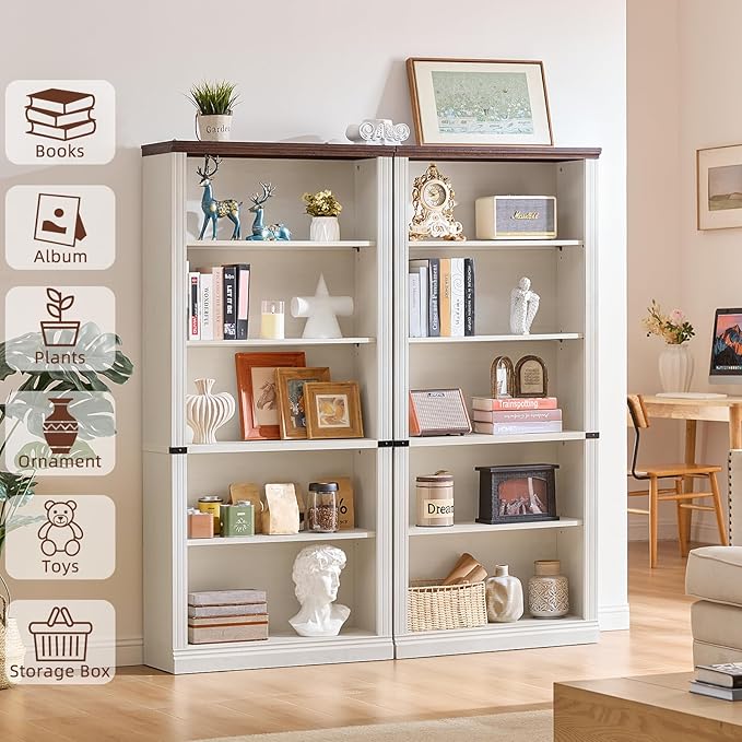 70" White Tall Bookshelf Set of 2,5-Tier Thick Wooden Book Shelf with Adjustable Shelves,Free Standing Farmhouse Bookcase with Open Display Storage,Floor Vintage Bookshelves for Living Room