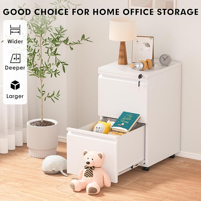 Pataku 2 Drawer File Cabinet, Small File Cabinets with Lock, Metal Rolling Filing Cabinet with 2 Drawer, Filing Cabinets for Home Office Fit A4/Letter/Legal, Easy Assembled, White