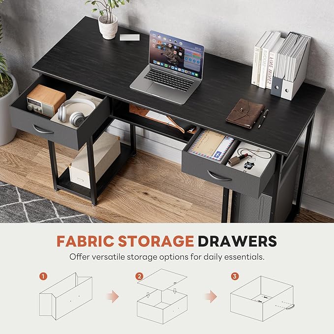 DUMOS 48" Small Computer Home Office Desk for Bedroom with Drawers, Gaming Writing Study Table with Storage Shelf, Adjustable Feet, Metal Frame Black