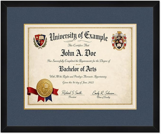 CountryArtHouse Diploma Frame Fits 17 x 13 International Diploma - Keepsake Graduation Display Matte Black Genuine Hardwood with Navy Blue Over Metallic Gold Double mat