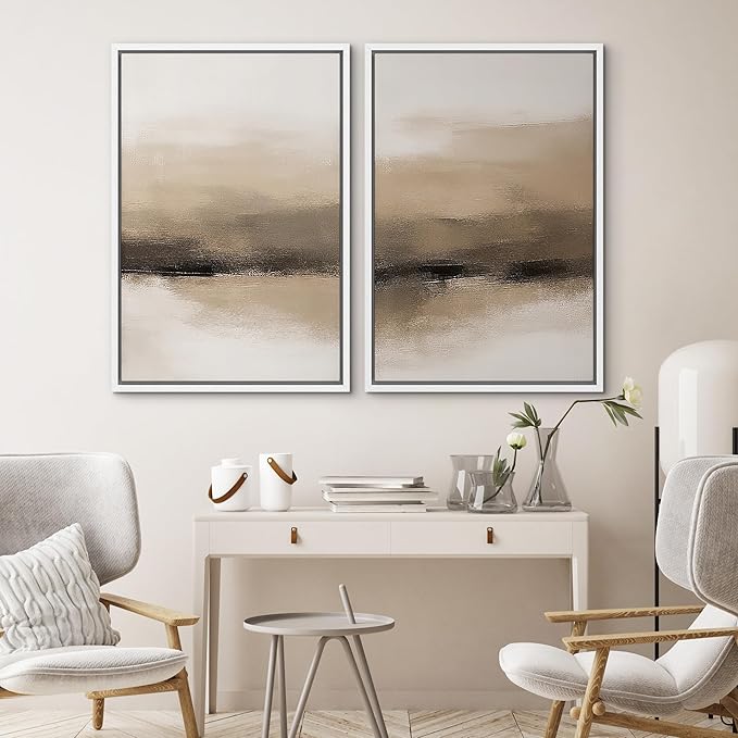 SIGNWIN Framed Canvas Print Wall Art Set Beige and Black Neutral Abstract Landscape Minimalist Illustrations Modern Art Decorative Multicolor for Living Room, Bedroom, Office - 24"x36"x2 White