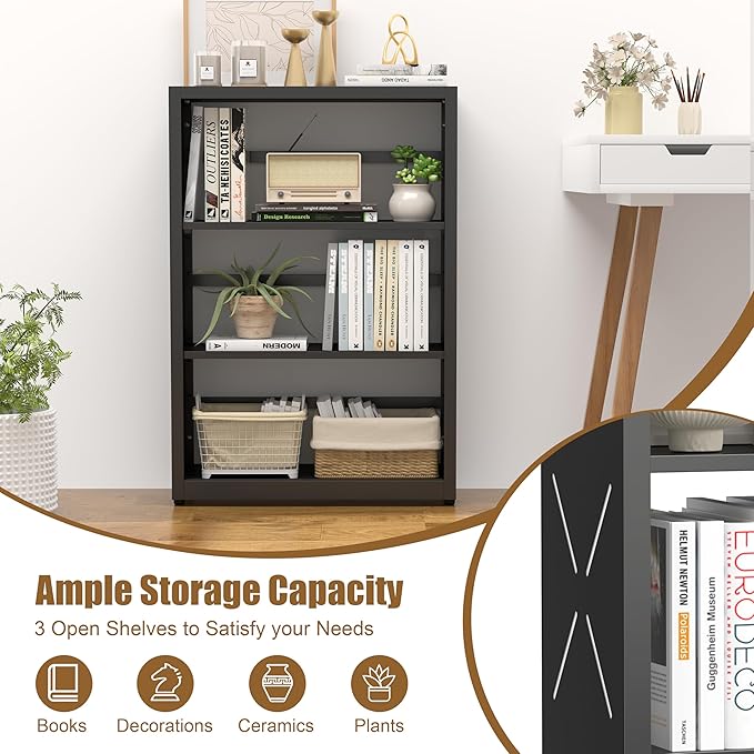 3 Tier Bookshelf, 34"Tall Metal Bookcase with Adjustable Shelves, Modern Display Book Shelf, Black Bookcase Shelf, Utility Shelf, Storage Shelves for Office, Living Room, Kitchen, Study-23"W