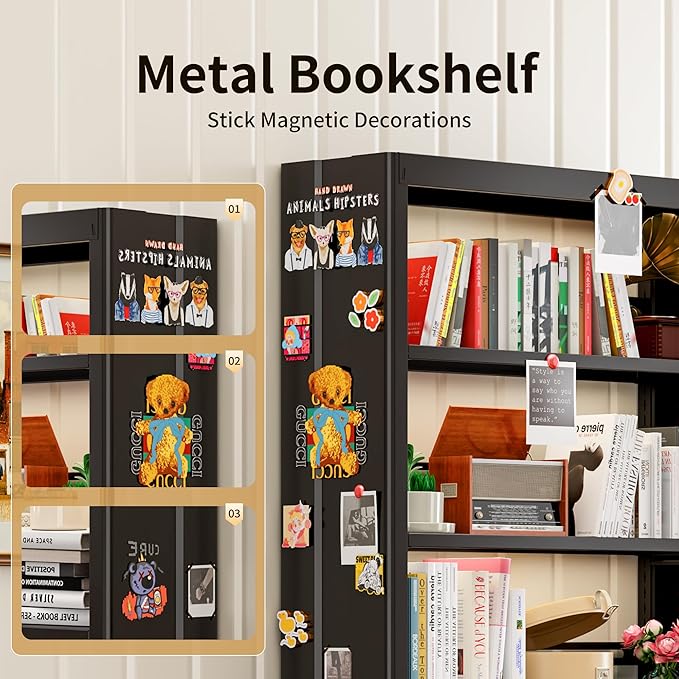 70.9" H Metal Bookshelf, Adjustable Bookcase, 5-Tier Heavy Duty Bookshelf with Bookend, Tall Bookshelves, Bookcase Shelf for Living Room, Office, Library,Classroom (Black-37.4W)