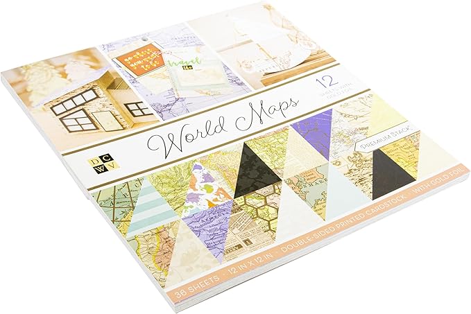 DCWV Printed Cardstock Paper 12x12, 36 Sheets of Scrapbook Paper for Crafts and Card Making, Double Sided Heavy Duty Cardstock with Foil Accents - World Maps