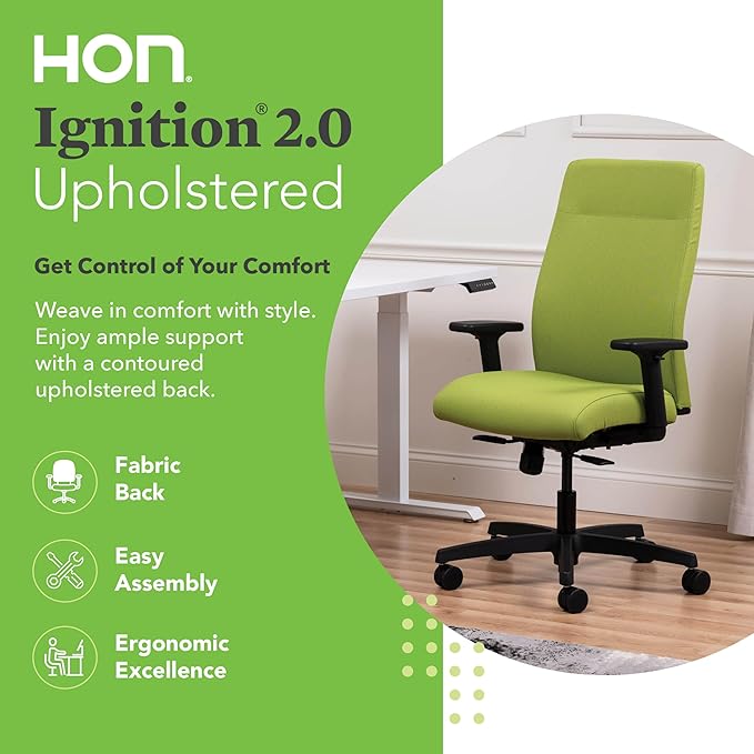 HON Ignition 2.0 Fabric Office Chair, Upholstered, Adjustable Arms, Standard Synchro-Tilt Recline Executive Ergonomic Office Chair, Black Frame, Pear