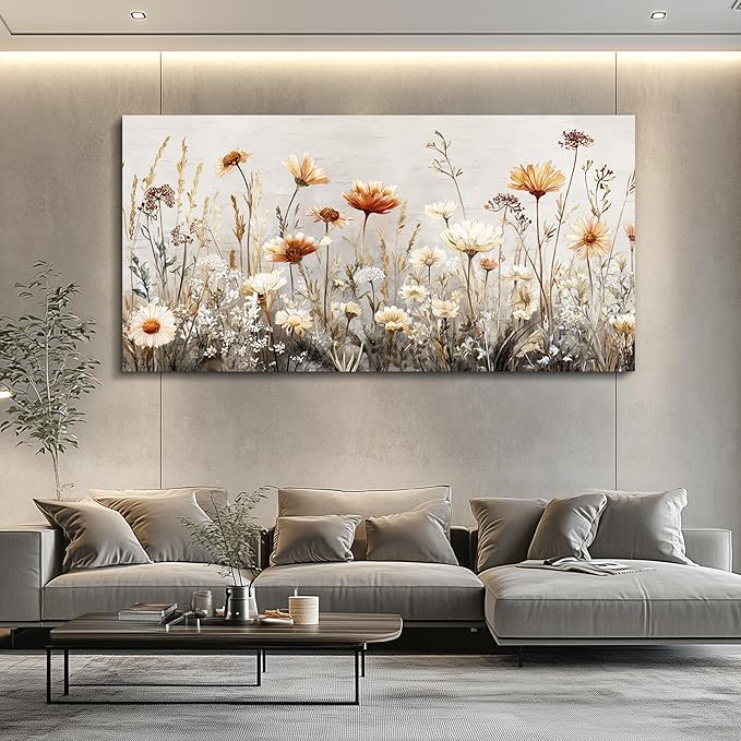 QIYILEXWART Canvas Wall Art For Living Room Wall Decor For Bedroom Office Wall Decoration Neutral Wildflower Landscape Painting Farmhouse Pictures Artwork Room Aesthetic Home Decor 20x40 In