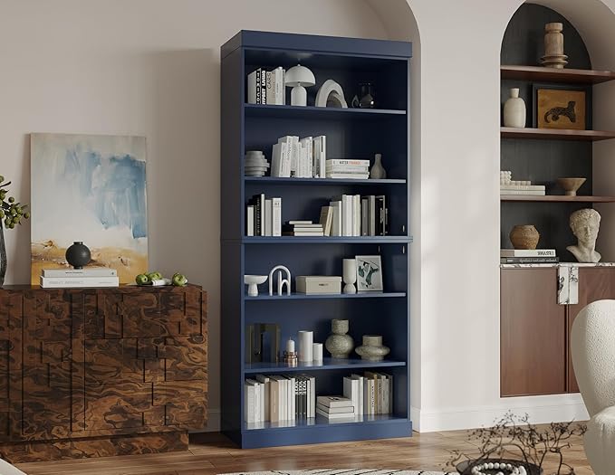 Palace Imports Solid Wood Bookcase - Stackable Modular 6-Tier Bookshelf - 71.5" Tall x 32" W - Navy Blue, Open Display Shelf for Living Room, Office, Renewable 100% Eco-Friendly Wood, Made in Brazil