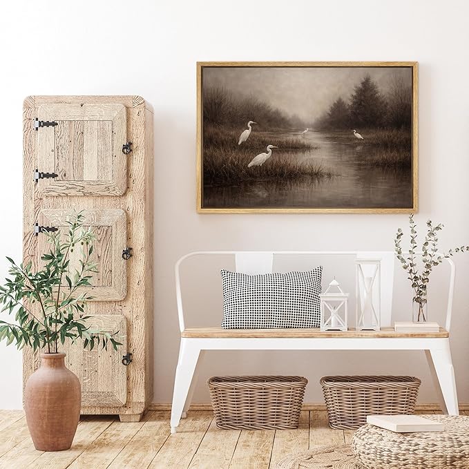 SIGNFORD Framed Canvas Print Wall Art Heron Shadow in Misty Marsh Illustration Minimalism Decorative Colorful Mid-Century for Living Room, Bedroom, Office - 16"x24" NATURAL
