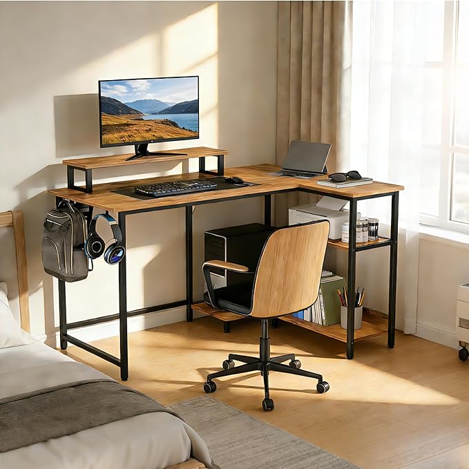 DEVAISE 47 Inch L Shaped Gaming Desk with LED Lights & Power Outlets, Corner Desk for Small Spaces, Sturdy PC Computer Table with Storage for Home Office, Rustic Brown