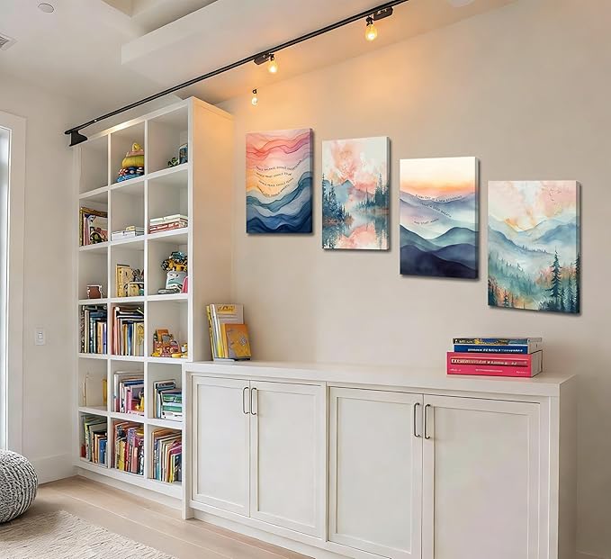 4pcs Mental Health Inhale Exhale Meditation Canvas Wall Art Abstract Watercolor Painting Picture Wall Decor Therapy Office Pictures Poster Print Artwork for Meditation Room Calming Corner Decoration