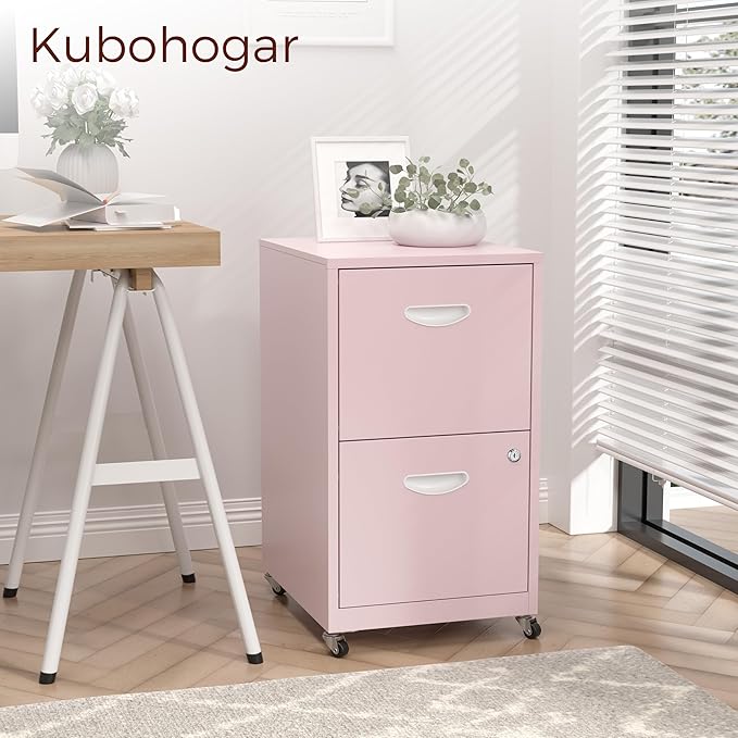 2 Drawer Mobile File Cabinet with Lock, Pink Metal Filing Cabinets with Wheels, Vertical Rolling File Cabinet Fit Hanging Files, Letter and A4 Documents