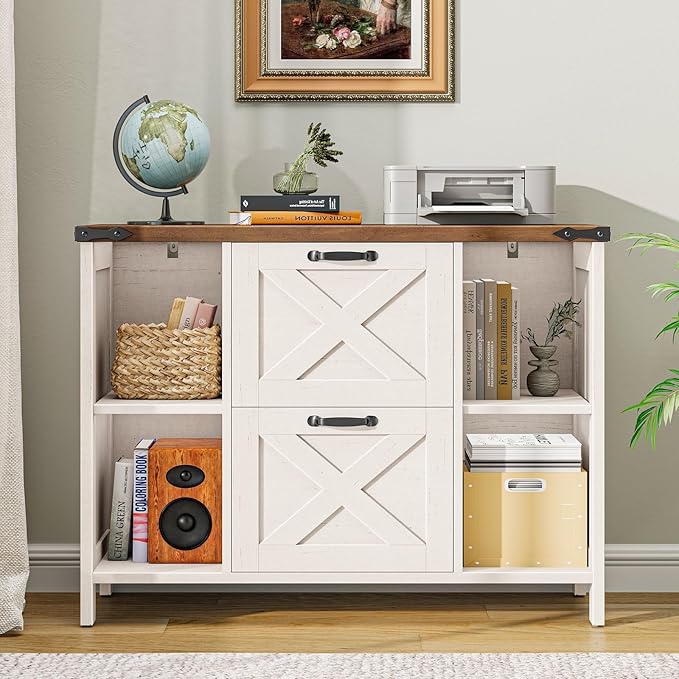 Vabches File Cabinet with 2 Drawers, Farmhouse Lateral File Cabinet Fits Files Letter/A4 Size, Wooden Filing Cabinet with Adjustable Shelves Printer Stand for Home Office, Rustic White