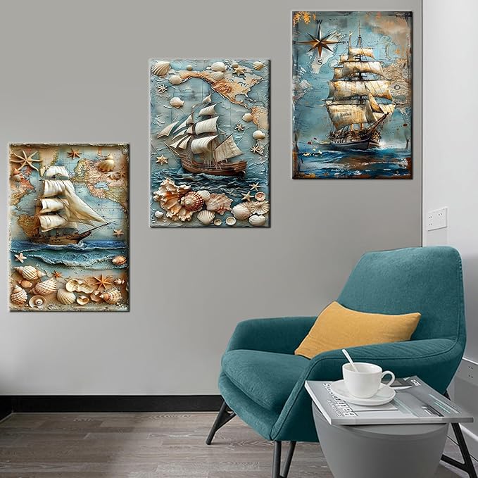Abstract Sailboat Wall Art Seashell Starfish Map Poster Print on Wooden Canvas Blue Ocean Theme Picture Painting Wall Decor Artwork for Living Room Hotel Workplace Ready to Hang [60''Wx28''H]
