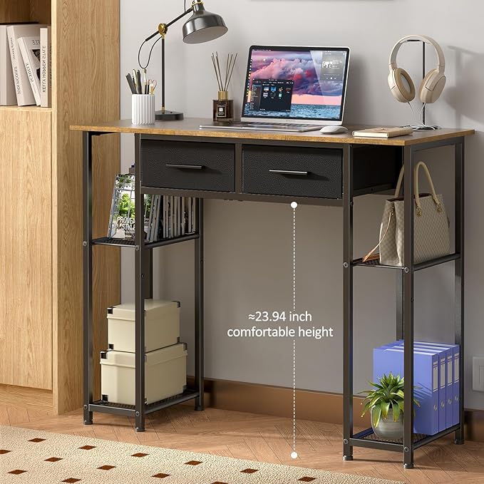 Computer Desk with Drawers, 37.3 Inch Home Office Work Desk with Storage Shelf, Kids Teens Study Table for Small Space, Small Writing PC Table for Bedroom Makeup Vanity Desk, Brown