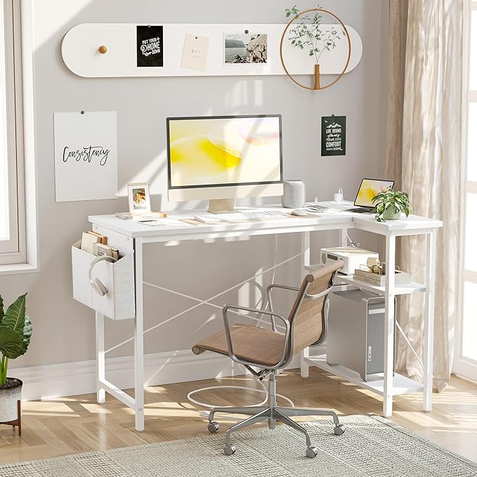 TIQLAB Small Computer Desk with Power Outlets, 40 Inch L Shaped Desk with Reversible Shelves, Gaming Desk Corner Desk Study Writing Desk for Home Office Bedroom Small Space, White
