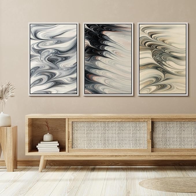 SIGNFORD Framed Wall Art Print Set Neutral Marble Swirl Abstract Elegant Fluid Pattern Digital Art Modern Art Contemporary for Living Room, Bedroom, Office - 24"x36"x3 WHITE