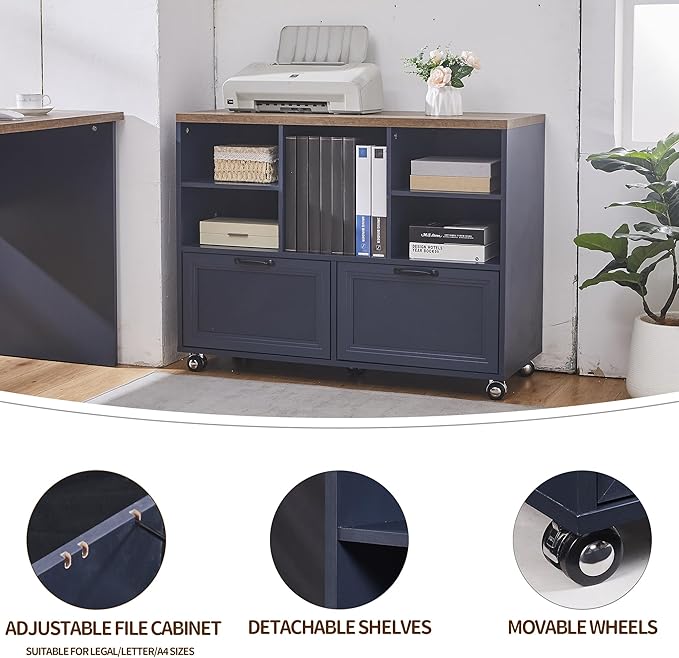 40" Lateral File Cabinet,Farmhouse Wood Small Home Office Storage with Wheels,Filing Cabinet with 2 Drawers for Legal/Letter/ A4 Size (Blue)