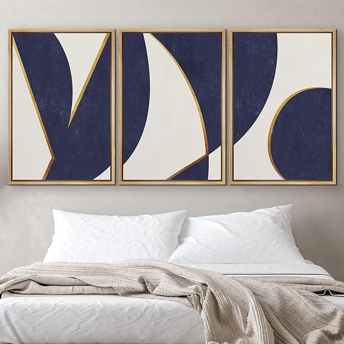IDEA4WALL Framed Canvas Print Wall Art Set Art Deco Mid-Century Blue Gold Polygons Abstract Shapes Illustrations Modern Art Contemporary for Living Room, Bedroom, Office - 24"x36"x3 Natural