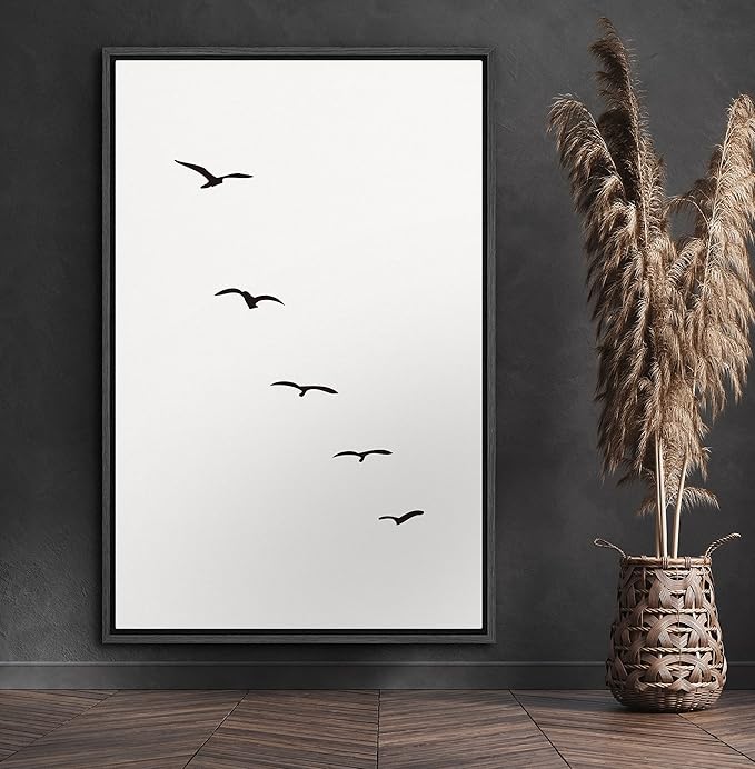 SIGNFORD Framed Canvas Print Wall Art Minimalist Composition of Flock of Birds Abstract Wilderness Digital Art Modern Art Rustic Scenic Multicolor for Living Room, Bedroom, Office - 24"x36" Black