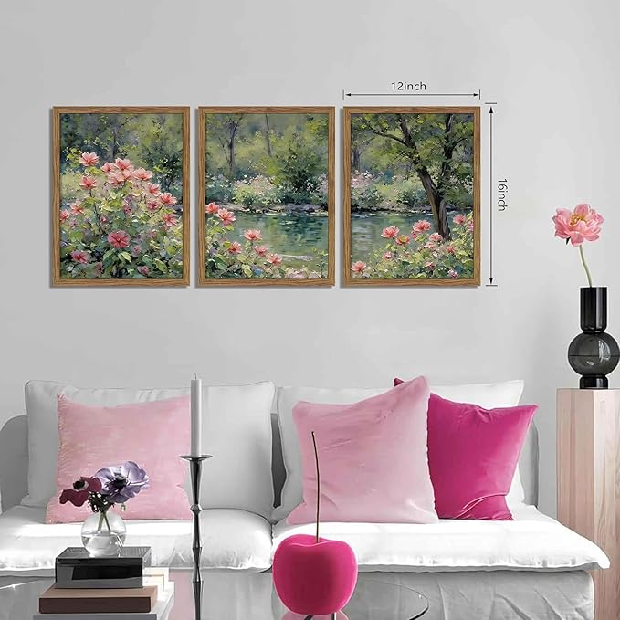 Framed Monet Wall Art Set of 3, Impressionist Botanical Floral Canvas Wall Decor, Vintage Cottagecore Artwork Paintings, Nature Landscape Flowers Prints Pictures for Living Room Bedroom 12x16 Inch
