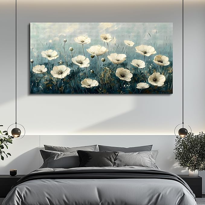 FUHAIHUA Canvas Wall Decor For Bedroom Large Wall Art For Living Room Office Decorations White Flowers Landscape Painting Modern Wall Pictures Aesthetics Posters Ready To Hang Home Decor 24x48 In