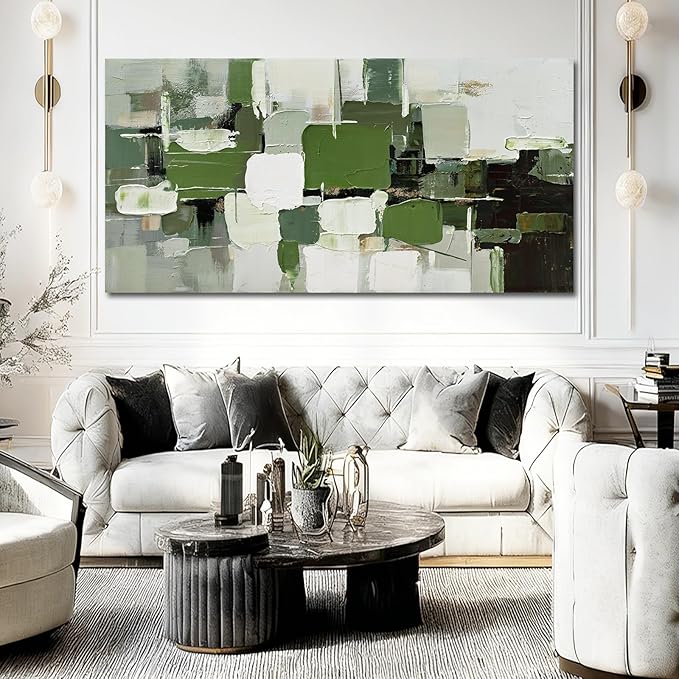 ZUNARE Abstract Geometric Wall Art Green White Black and Gray Canvas Painting, Layered Color Block Modern Artwork for Living Room Bedroom Kitchen Office Wall Decor 24"x48"