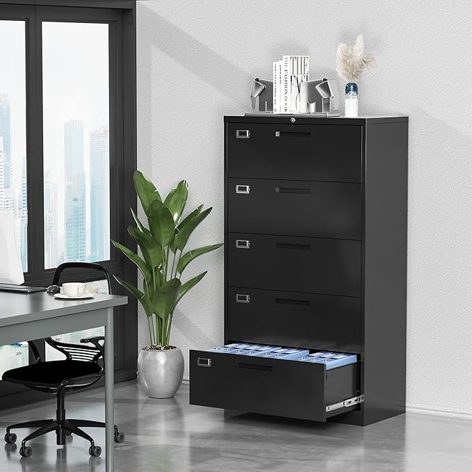 5 Drawer File Cabinet, Black Metal Lateral File Cabinet with Lock, Office Filing Cabinet for Legal/Letter/A4/F4 Size with Hanging Files, Lockable File Cabinets for Home Office