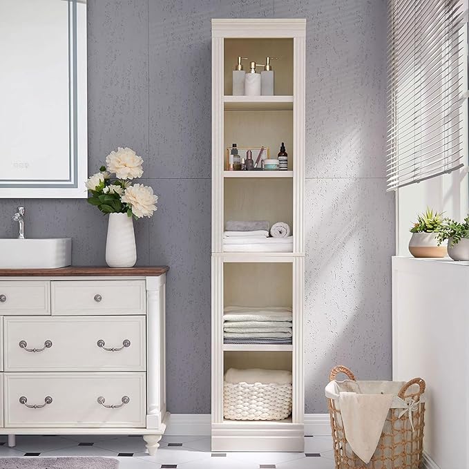 JAHRSTIM Halston Narrow Bookcase, Adjustable Storage Open Display Shelving Unit for Home and Office Space, 15.75”L x 13.78”W x 72.8”H, Cream
