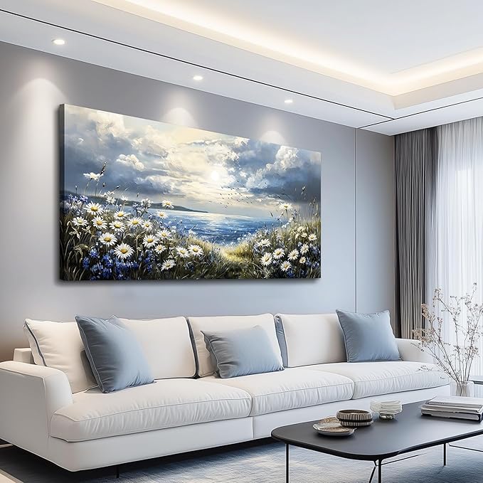 KELIYUAN Large Wall Decor Canvas Painting Wall Art For Living Room Decor Blue Mediterranean Garden Landscape Painting Bedroom Print Artwork Picture For Dining Room Bathroom Home Decoration 24x48 In