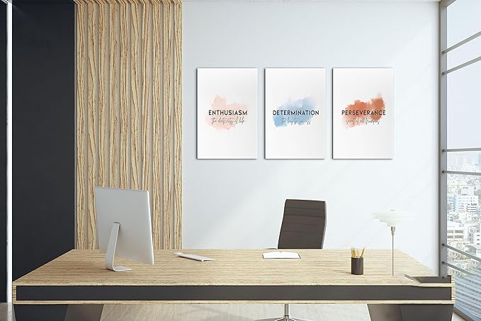 Office Canvas Wall Art Motivational Wall Decor, 3 Piece Enthusiasm Determination Perseverance Print Pictures for Office Wall Decor Women Inspirational Framed Artwork Home Office Decor 12”x18”x3