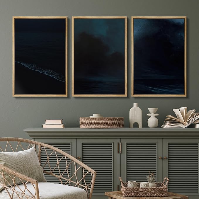 SIGNFORD Framed Wall Art Print Set Midnight Ocean Waves Dramatic Dark Seascape Digital Art Modern Art Contemporary for Living Room, Bedroom, Office - 16"x24"x3 Natural