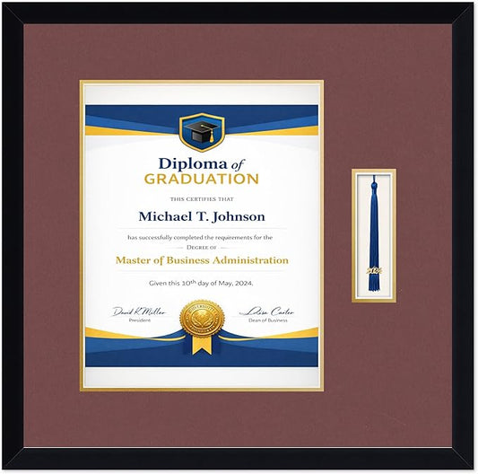 Diploma Frame with Tassel Holder Matte Black Shadowbox Dark Red Over Gold Mat - Fits 11 x 14 Degree Made in the USA