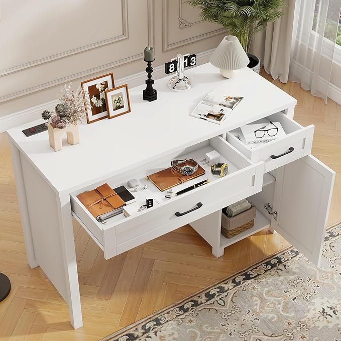 Farmhouse 47" Executive Desk, Computer Desk with Drawers and Storage Cabinet, Workstation Computer Desk for Home Office and Study.(Cream White)