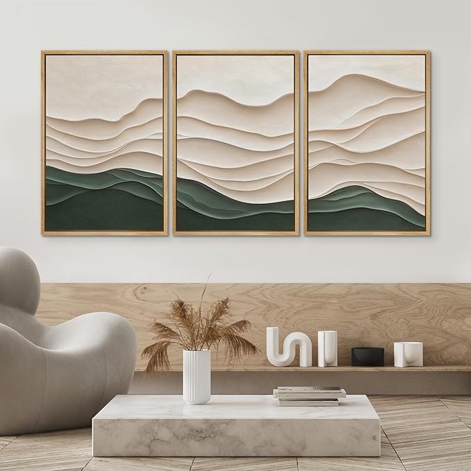 SIGNWIN Framed Canvas Print Wall Art Set Textured Paper Cut Landscape Beige and Green Minimalist Illustrations Modern Art Rustic Relax/Calm for Living Room, Bedroom, Office - 24"x36"x3 Natural