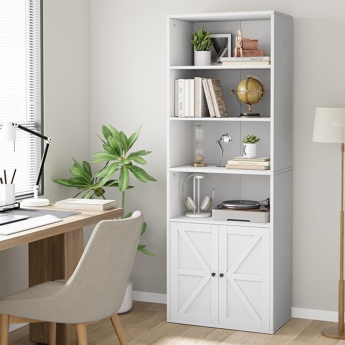 IDEALHOUSE Bookcase with Doors Industrial Bookshelf 11.8in Depth Display Storage Shelves 71.4in Tall Farmhouse Bookcases Wooden 6 Shelf Bookshelvels for Bedroom, Living Room, Home Office (White)