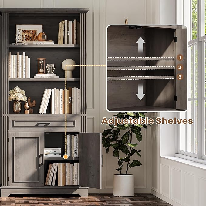 SEDETA Farmhouse Bookshelves and Bookcases with Doors and Drawer, Bookshelf with Storage, Floor Standing 6 Shelf Display Storage Shelves 70 in Tall Bookshelf for Home Office, Living Room, Grey