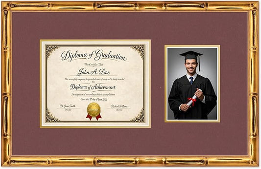 Diploma Frame With Photo Opening Gold Bamboo Dark Red Over Gold Mat - Fits 10 x 8 Degree and Picture Made in the USA