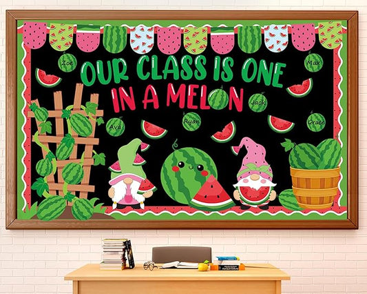gisgfim Watermelon Bulletin Board Decorations Set Our Class is One in a Melon Classroom Paper Cutouts Welcome Back to School Melon Gnome Bulletin Board Decor for Summer Nursery Door Chalkboard Wall